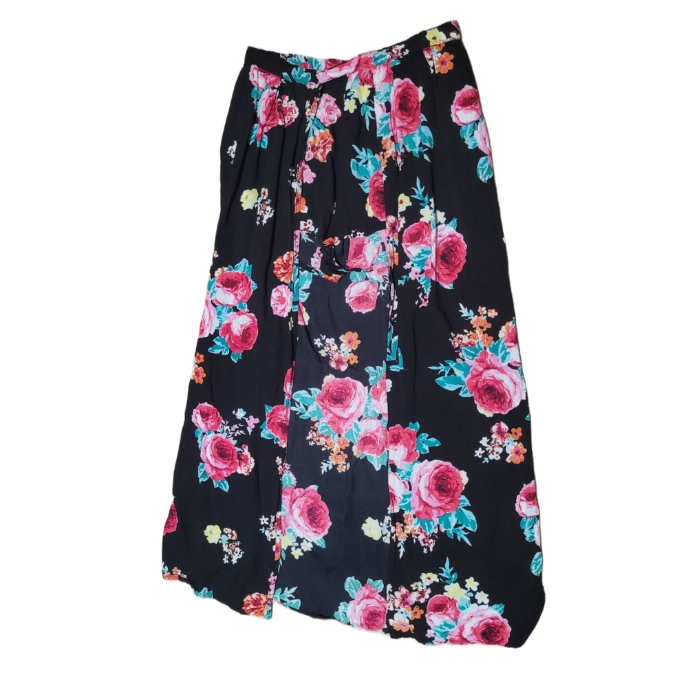Derek Heart Maxi Skirt Sz L Black Floral With Built-In Shorts EUC